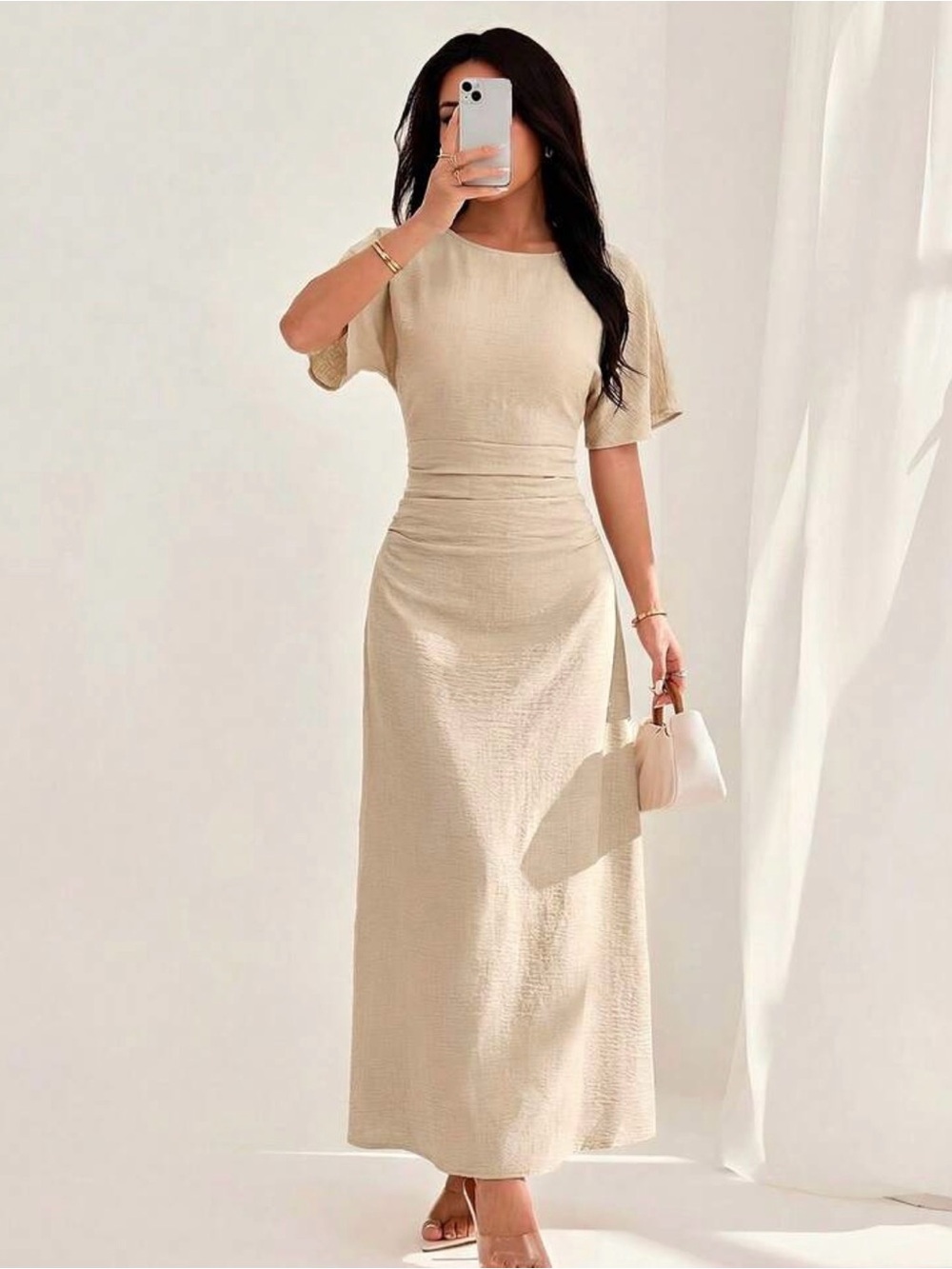 Elegant Cream Maxi Dress with Short Sleeves